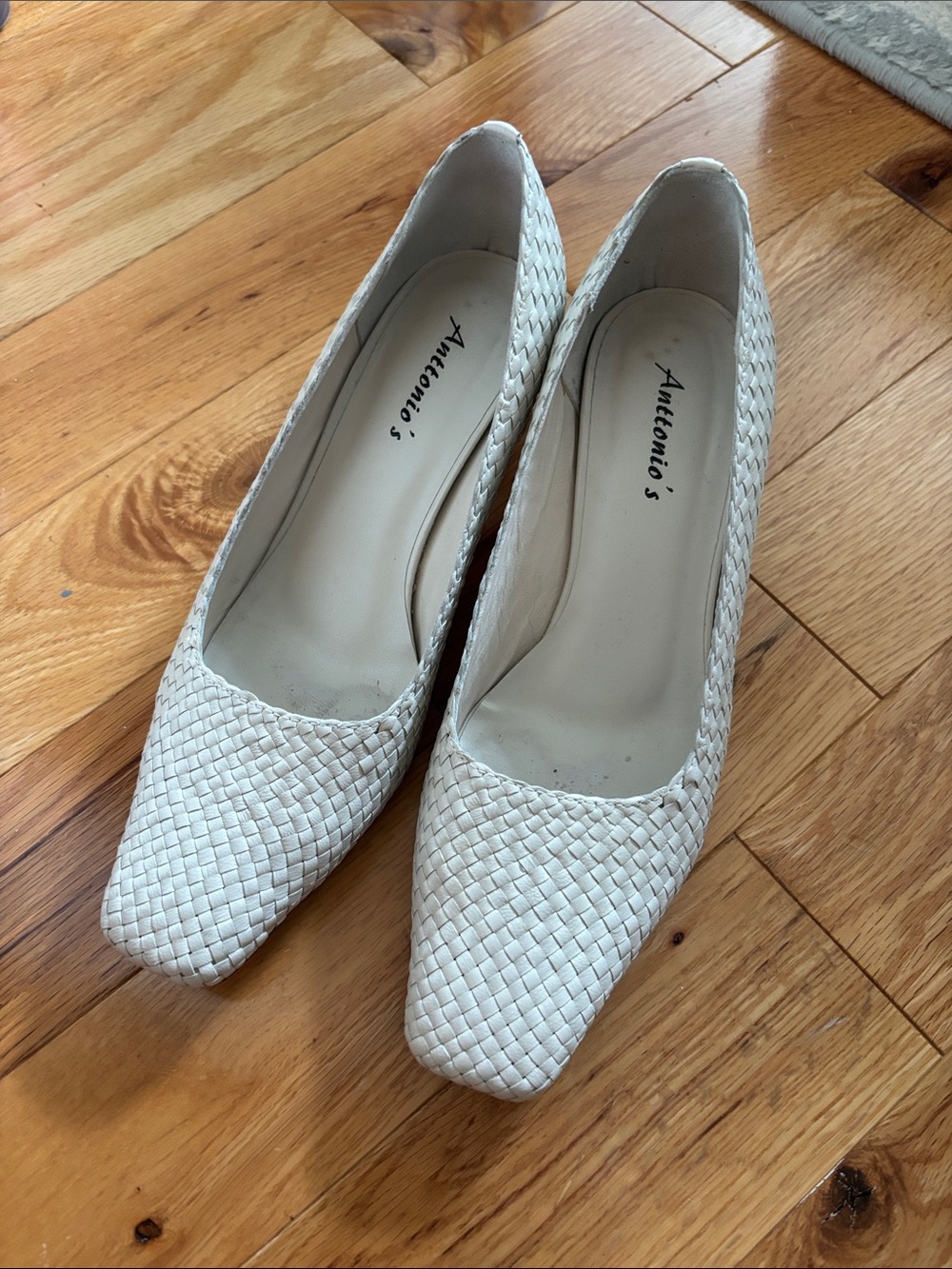 LEATHER White Woven Square-Toe Heels